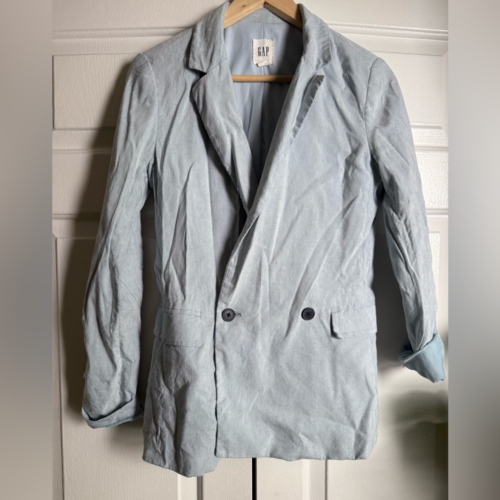 Gap Light Blue Long Linen Blazer Sz 0 Office Lightweight Preppy Old Money